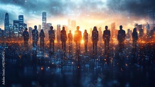 Wallpaper Mural A digital world map with luminous continents, where individuals from different cultures stand connected by glowing lines, set against a dark background filled with data streams, dynamic composition, Torontodigital.ca