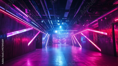 An underground cyberpunk nightclub with pulsating electronic music, futuristic dance floor, and avant-garde fashion. Shoot from a low angle using a DSLR, wide-angle lens, and long exposure to 