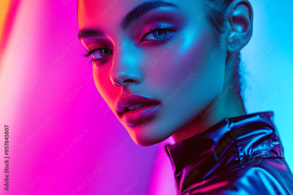 A cybernetic fashion model wearing cutting-edge futuristic attire, posing in a neon-lit studio. Capture the sleek and edgy fashion using a mirrorless camera, portrait lens, and dramatic lighting A cybernetic fashion model wearing cutting-edge futuristic attire, posing in a neon-lit studio. Capture the sleek and edgy fashion using a mirrorless camera, portrait lens, and dramatic lighting
