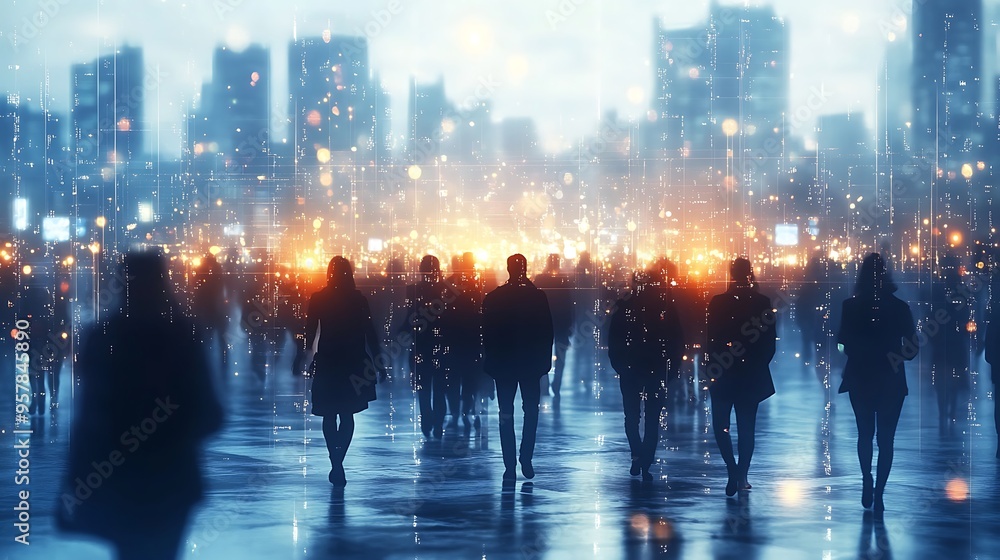 Obraz premium A futuristic global village where diverse people are connected by radiant lines of light, forming a web of digital communication, with holographic homes and a dark, abstract environment,