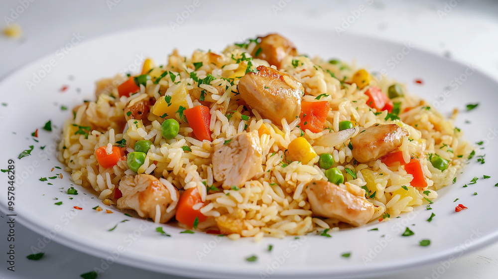 a plate of Chicken Fried Rice, rice with chicken and vegetables on it. a plate of Chicken Fried Rice, rice with chicken and vegetables on it.