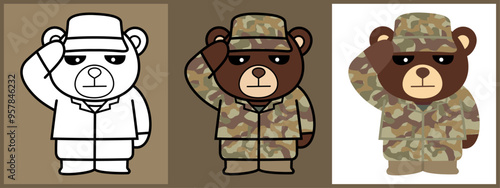 Bear Soldier cartoon character set outline coloring flat vector illustration