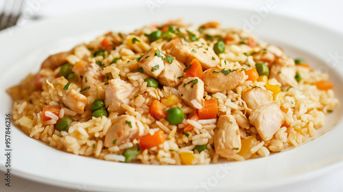 a plate of Chicken Fried Rice, rice with chicken and vegetables on it.