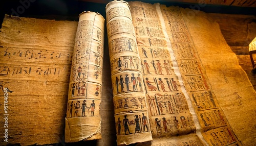 Close-up of ancient Egyptian papyrus scrolls, adorned with intricate hieroglyphics and vibrant colors. 1 photo