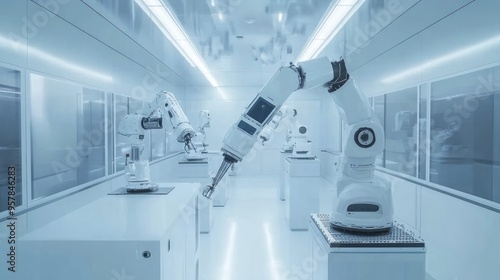 Space technology, robotic arms assembling a satellite in a clean room, precise and high-tech, focus on innovation and advancement