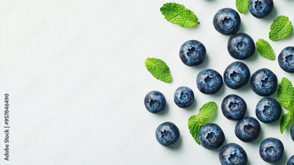 A vibrant arrangement of blueberries and mint leaves on a light background. A vibrant arrangement of blueberries and mint leaves on a light background.