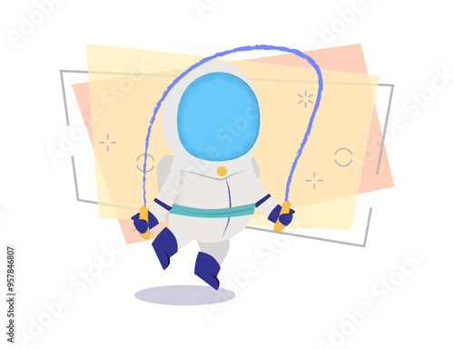 Astronaut jumping with skipping rope. Spaceman, character, training. Can be used for topics like exploration, spacewalk, sport