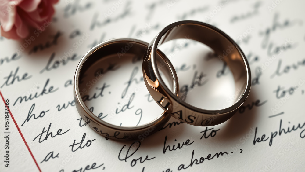 Close Up of Wedding Rings on a Handwritten Letter Close Up of Wedding Rings on a Handwritten Letter