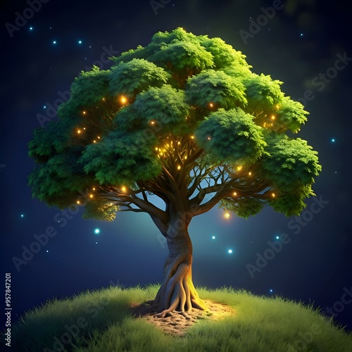 Magical 3D illustration of a glowing Chinkapin oak tree in a starry night. photo