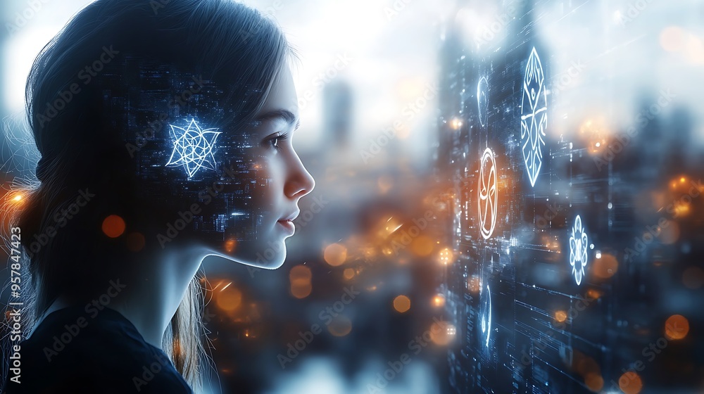 A virtual space where people from different cultures interact, exchanging holographic icons like a lotus flower, a tribal mask, and a Celtic knot, connected by radiant digital lines, set in a dark, A virtual space where people from different cultures interact, exchanging holographic icons like a lotus flower, a tribal mask, and a Celtic knot, connected by radiant digital lines, set in a dark,