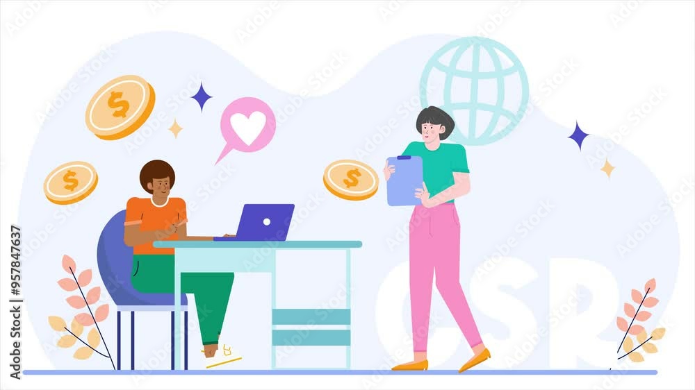 Collaborative workspace focused on CSR and financial growth illustration business animated video