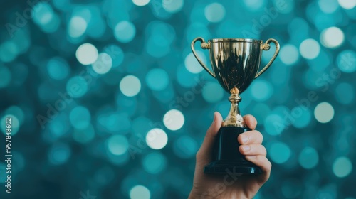 Victorious man holding a trophy and giving an impassioned acceptance speech on stage during an awards ceremony expressing deep gratitude and joy for his achievement