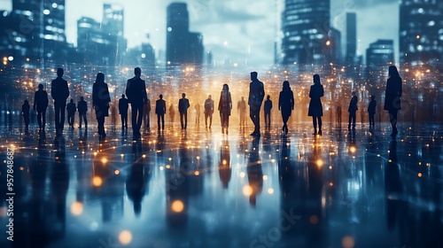 Diverse people standing on various continents of a glowing holographic world map, each connected by bright digital pathways, symbolizing global unity, with a dark, tech-inspired backdrop,