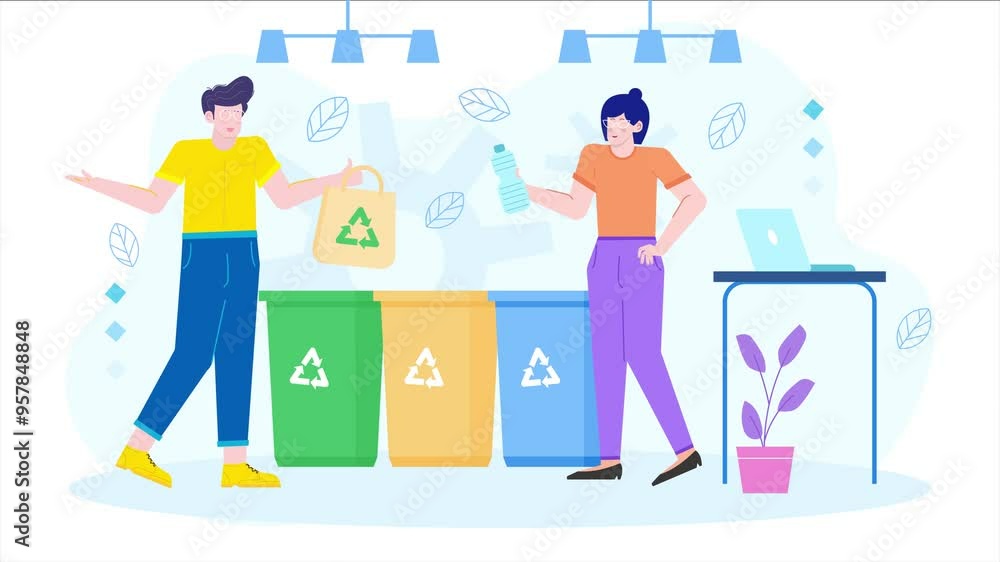 colleagues actively participating in recycling sorting waste into bins illustration business animated video colleagues actively participating in recycling sorting waste into bins illustration business animated video