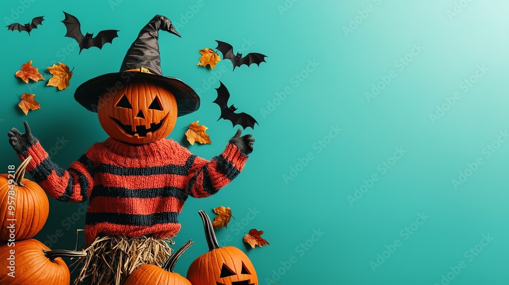 Festive Halloween scene with a pumpkin-headed scarecrow wearing a witch hat and sweater surrounded by pumpkins, bats, and autumn leaves.