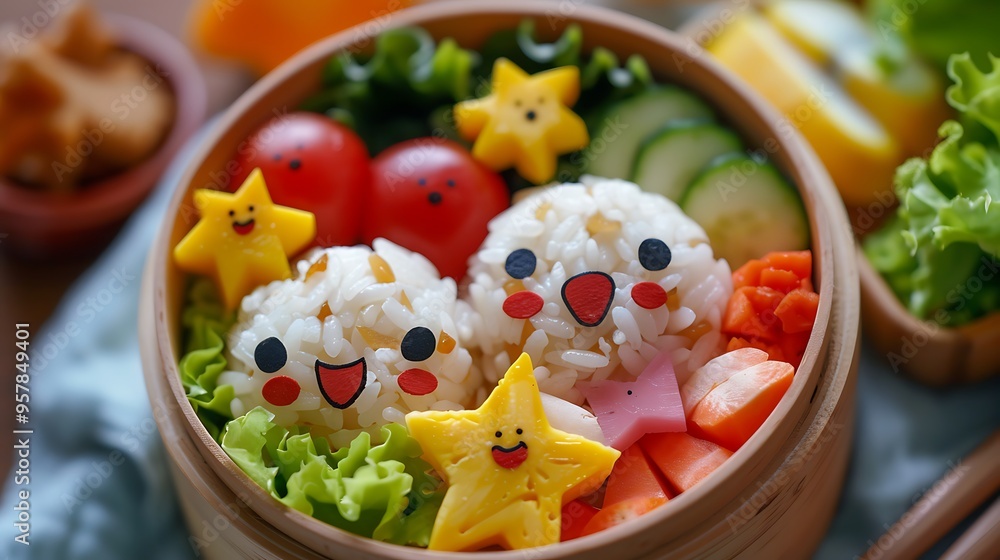 A fun and creative bento box designed for kids, with rice shaped into cute animal faces, colorful vegetables arranged as flowers, and fruit cut into star shapes, all packed neatly. 8k UHD, suitable A fun and creative bento box designed for kids, with rice shaped into cute animal faces, colorful vegetables arranged as flowers, and fruit cut into star shapes, all packed neatly. 8k UHD, suitable