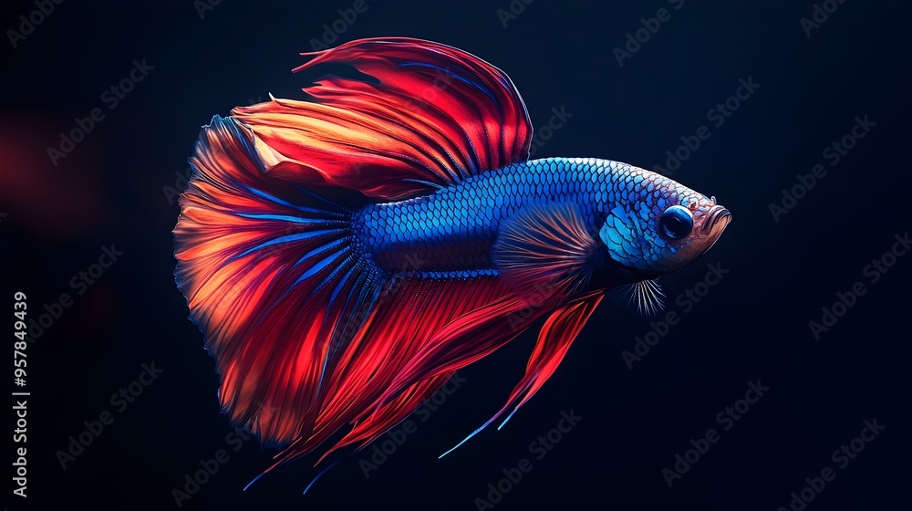 Betta Fish Captured in Flowing Colorful Motion Against Dark Background Betta Fish Captured in Flowing Colorful Motion Against Dark Background