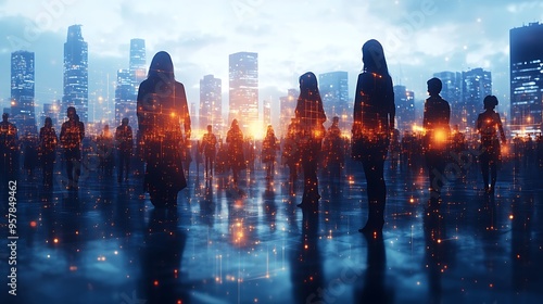 Wallpaper Mural Multinational individuals gathered in a digital global village, each connected by bright lines of light representing communication, with a dark, Torontodigital.ca