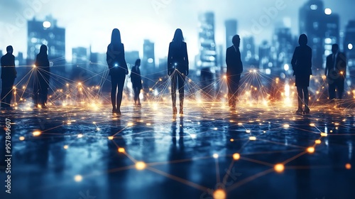 Multinational individuals linked by a bright digital grid, each person standing on a glowing node, representing collaboration across borders, set against a dark,