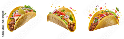 Collection of mexican beef tacos isolated on transparent background, png taco cutout