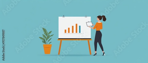 Businesswoman presenting data on a flipchart with an upward graph, standing next to a potted plant, on a blue background. photo