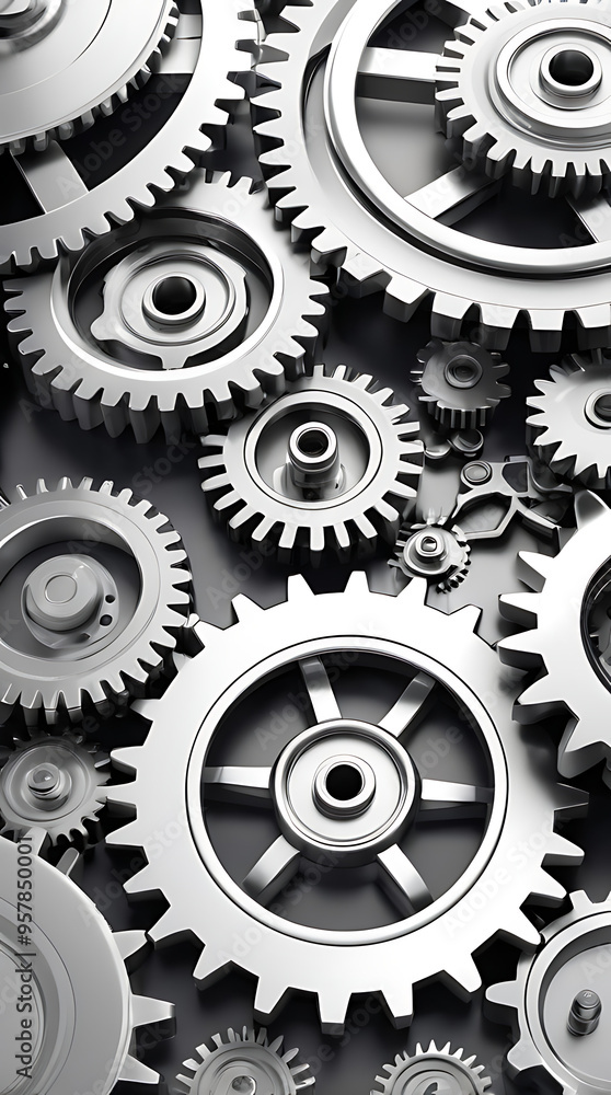 A 3D illustration featuring metallic gears, cogs, and wheels interlocked in a sleek, industrial frame with a silver and chrome finish, set against a clean white background, suitable for technology A 3D illustration featuring metallic gears, cogs, and wheels interlocked in a sleek, industrial frame with a silver and chrome finish, set against a clean white background, suitable for technology
