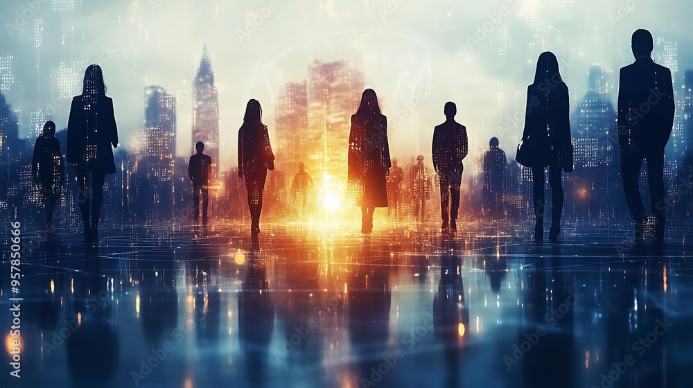 People from different parts of the world standing around a central, glowing hub, connected by radiant digital lines, with a dark, abstract background of swirling lights and data streams, hd quality. People from different parts of the world standing around a central, glowing hub, connected by radiant digital lines, with a dark, abstract background of swirling lights and data streams, hd quality.