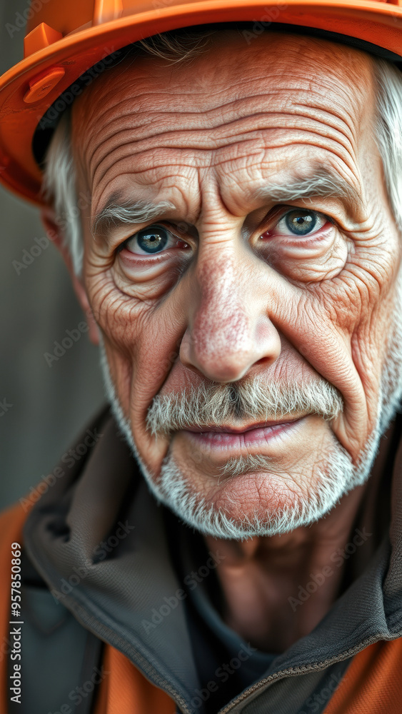 Close-up of Senior Worker's Face with Hard Hat Close-up of Senior Worker's Face with Hard Hat