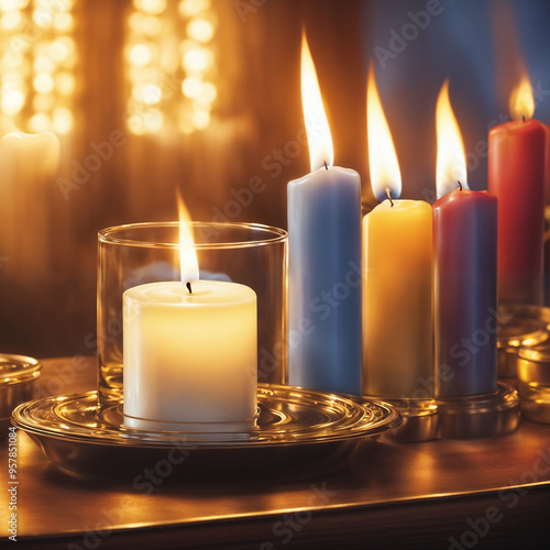 Five lit candles in the colors white, blue, yellow and two red, religious symbolism.