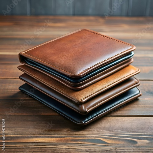 A stack of three leather wallets on a wooden table. photo