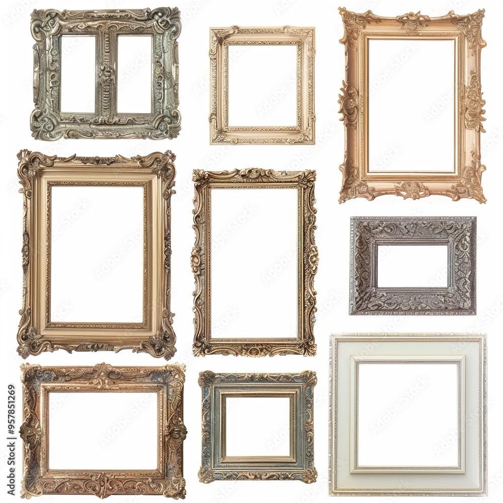A collection of empty ornate picture frames in various finishes isolated on a transparent A collection of empty ornate picture frames in various finishes isolated on a transparent