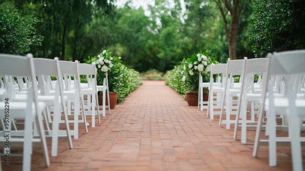 Elegant outdoor garden wedding ceremony taking place in a beautiful nature inspired setting with a floral arch lush greenery and a deep depth of field Elegant outdoor garden wedding ceremony taking place in a beautiful nature inspired setting with a floral arch lush greenery and a deep depth of field