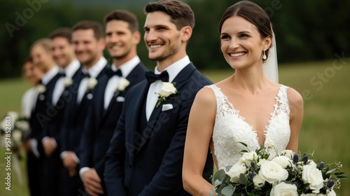 Newlywed couple posing for romantic and memorable wedding portraits in a lush scenic outdoor setting with greenery foliage and a deep depth of field creating a beautiful blurred background