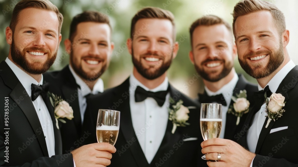 Groom and Groomsmen Sharing a Toast and Celebrating the Wedding Day with Camaraderie and Happiness Elegant Formal Occasion with Smiles Joy and Festive Atmosphere Groom and Groomsmen Sharing a Toast and Celebrating the Wedding Day with Camaraderie and Happiness Elegant Formal Occasion with Smiles Joy and Festive Atmosphere