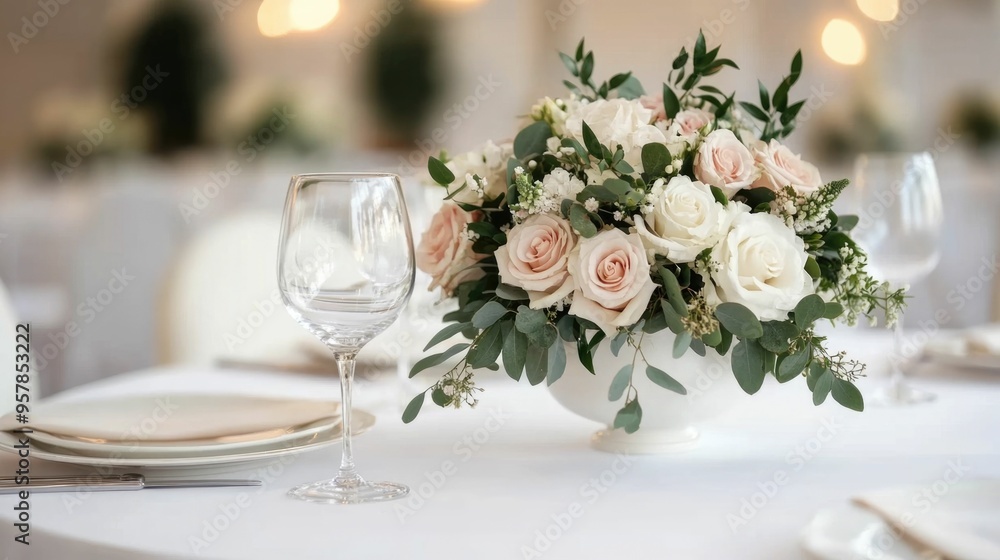 Luxurious and Formal Wedding Reception Table Setting Showcasing Elegant Floral Centerpieces Candles Glassware and Tableware Arrangements for a Celebratory Atmosphere Luxurious and Formal Wedding Reception Table Setting Showcasing Elegant Floral Centerpieces Candles Glassware and Tableware Arrangements for a Celebratory Atmosphere