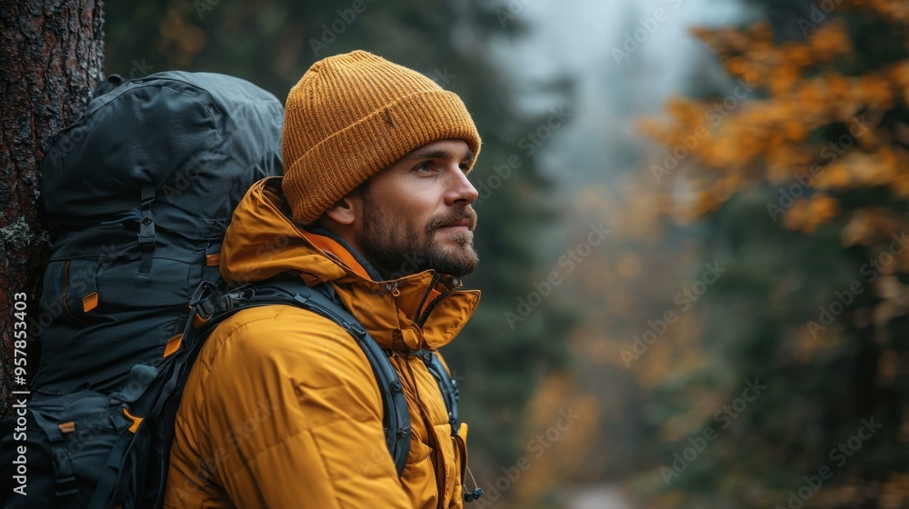 Thinking Man in Autumn Woods, Yellow Jacket and Beanie Thinking Man in Autumn Woods, Yellow Jacket and Beanie