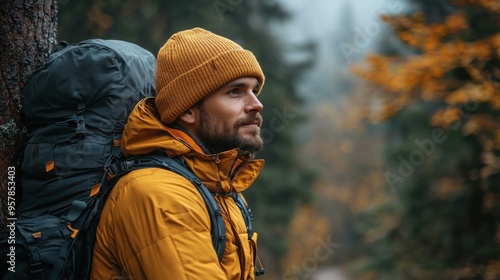 Wallpaper Mural Thinking Man in Autumn Woods, Yellow Jacket and Beanie Torontodigital.ca