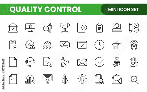 Quality Control line icon set. Included the icons as inspect, QA, qualify, quality control, check, verify, and more.