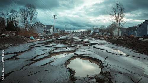 Liquefaction, seen from the corner of a small town destroyed by liquefaction, large cracks in the road and submerged houses, Ai generated images