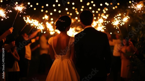 Newlyweds walking through a sparkler send off at their magical outdoor wedding ceremony with a deep depth of field creating a blurred romantic atmosphere