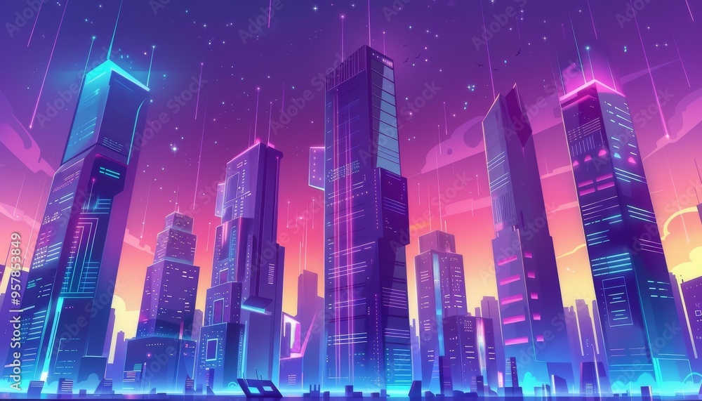 Futuristic metropolis. Futuristic dreamscape. Tech city of the future. Neon nightscape of a vibrant city. Cartoon 2d illustration background. Futuristic metropolis. Futuristic dreamscape. Tech city of the future. Neon nightscape of a vibrant city. Cartoon 2d illustration background.