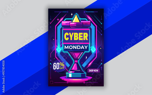 Cyber Monday banner in fashionable neon style, luminous signboard, nightly advertising of sales rebates of cyber Monday offer