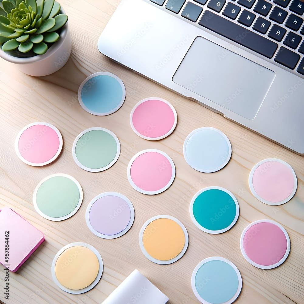 Pastel colored circular stickers on a wooden table with a laptop in the background. Pastel colored circular stickers on a wooden table with a laptop in the background.