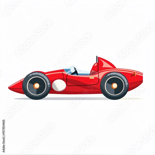 a toy car, race car design, flat design, bright red, isolated on white background