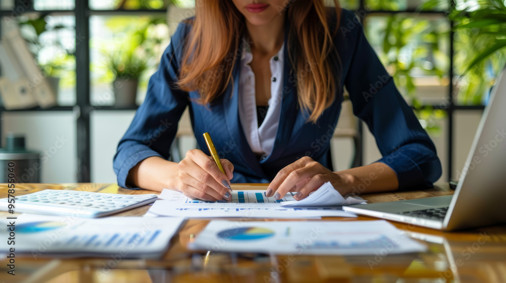 Fototapeta premium A professional woman analyzes data and takes notes in modern office setting, surrounded by charts and graphs.