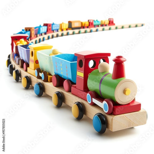 a wooden train set, classic toy, photorealistic, vibrant colors, isolated on white background