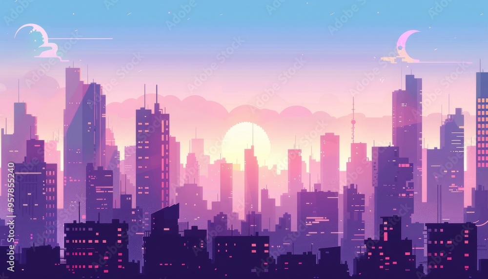Fototapeta premium Futuristic metropolis. Futuristic dreamscape. Tech city of the future. Neon nightscape of a vibrant city. Cartoon 2d illustration background.