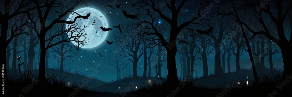 Creepy Forest with Full Moon Halloween Digital Illustration Creepy Forest with Full Moon Halloween Digital Illustration