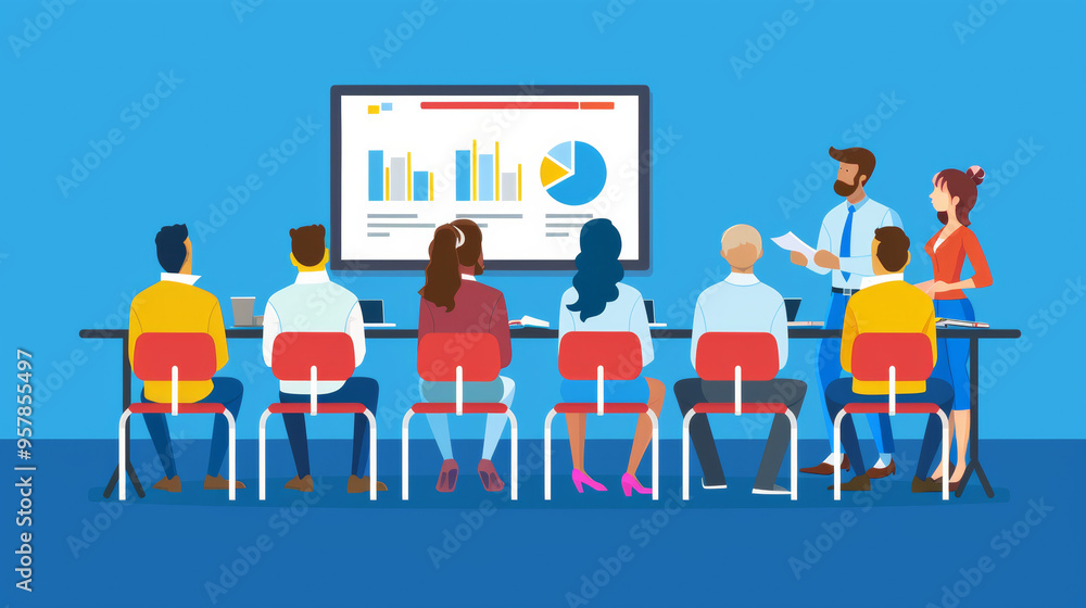 Obraz premium A new hire attending training session on companyâ€™s performance metrics, engaging with colleagues in collaborative environment.