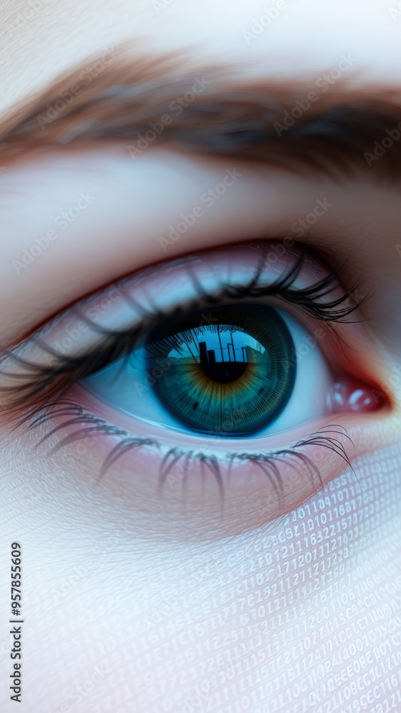 Obraz premium Human Eye with Digital Code Reflection